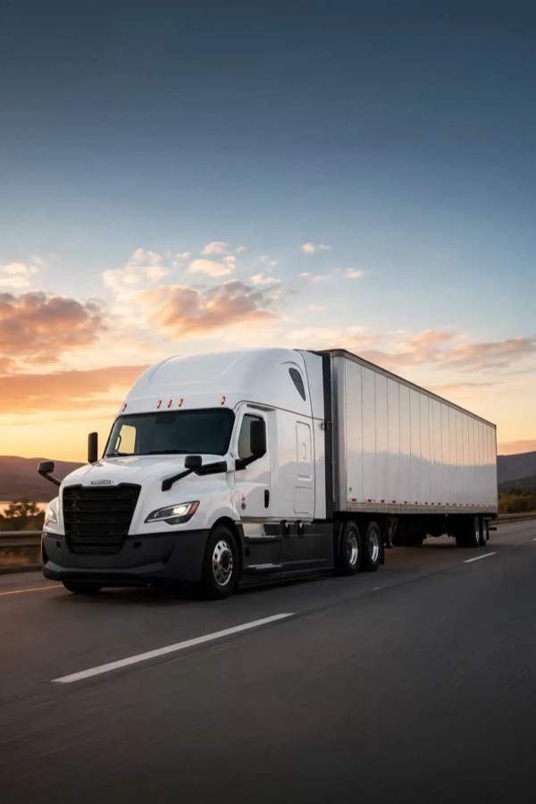 Latest model white Freightliner Cascadia pulling a dry van trailer down the highway at sunset.